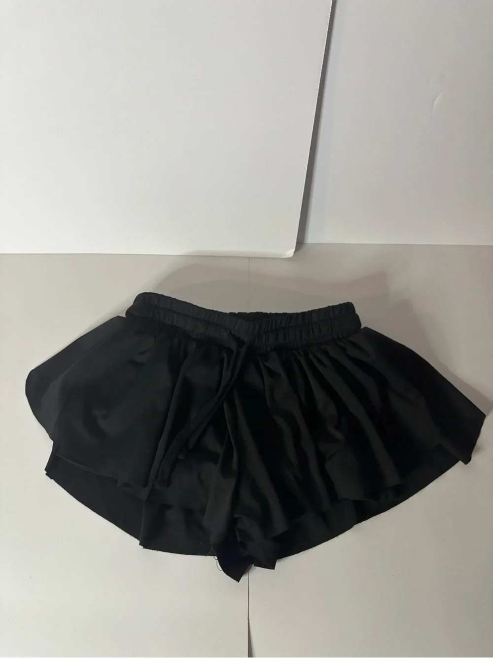 Black Women's Ruffled Layered Shorts - Casual Drawstring Waist